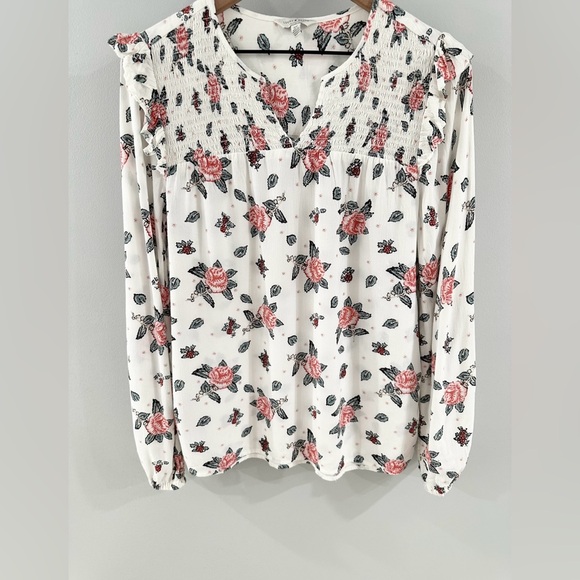 Lucky Brand Long Sleeve White Floral Smocked Blouse Size Small - Picture 3 of 5